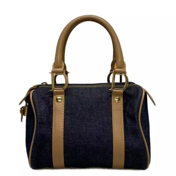 Dior Handbags - Authentic ChristianDior  Dark Navy Light Brown Denim Leather Handbag 611-100724